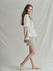 Ruffle Trim Linen Top with Pleated Front and Tie Waist