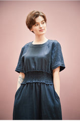 Smocked Waist Linen Midi Dress with Puff Sleeves and Back Zipper