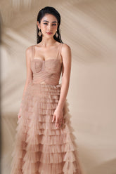 Antoinette Bustier Tiered Ruffle Tulle Midi Dress