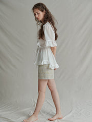 Ruffle Trim Linen Top with Pleated Front and Tie Waist