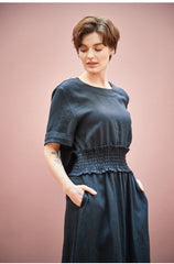 Smocked Waist Linen Midi Dress with Puff Sleeves and Back Zipper