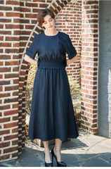 Smocked Waist Linen Midi Dress with Puff Sleeves and Back Zipper