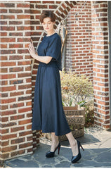 Smocked Waist Linen Midi Dress with Puff Sleeves and Back Zipper