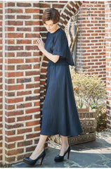 Smocked Waist Linen Midi Dress with Puff Sleeves and Back Zipper