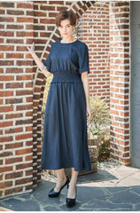 Smocked Waist Linen Midi Dress with Puff Sleeves and Back Zipper