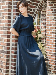 Smocked Waist Linen Midi Dress with Puff Sleeves and Back Zipper