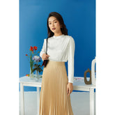 Silk Long Sleeve Top with High Neckline and Draped Shoulder Detail for Elegant Styling