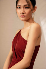 Silk One-Shoulder Midi Dress with Draped Waist and High Slit Detailing