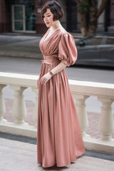Silk Maxi Dress with Puff Sleeves, Gathered Bodice, and Corset Waist Detail for Elegant Evenings