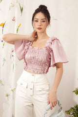 Silk blouse with ruched bodice, ruffle trim and flutter sleeves for romantic feminine styling