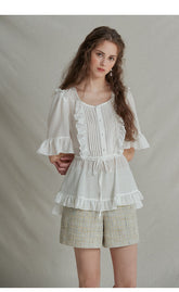 Ruffle Trim Linen Top with Pleated Front and Tie Waist
