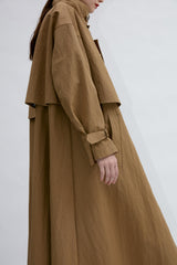 Double-Breasted Long Linen Jacket with Structured Collar and Belted Cuffs