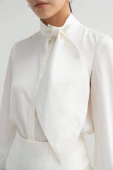Silk blouse with high neckline, sculpted necktie detail, and tailored long sleeves
