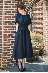 Smocked Waist Linen Midi Dress with Puff Sleeves and Back Zipper