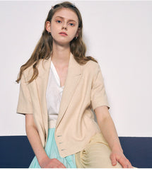 Tailored Linen Blazer with Short Sleeves and Triple Button Detail