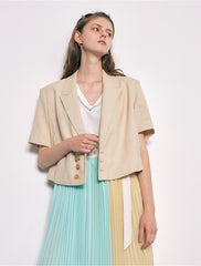 Tailored Linen Blazer with Short Sleeves and Triple Button Detail