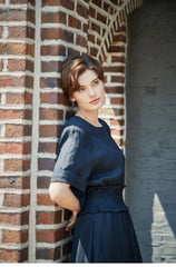 Smocked Waist Linen Midi Dress with Puff Sleeves and Back Zipper