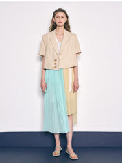 Pleated Chiffon Midi Skirt with Asymmetric Colorblock and Lightweight Sheer Texture