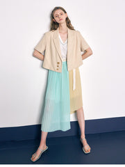 Pleated Chiffon Midi Skirt with Asymmetric Colorblock and Lightweight Sheer Texture