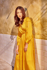 Silk Wrap Midi Dress with Long Sleeves and Gathered Waist