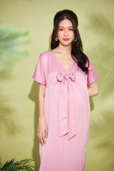 Silk Crepe Midi Dress with V-Neck and Bow Detail