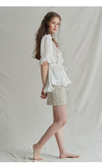 Ruffle Trim Linen Top with Pleated Front and Tie Waist