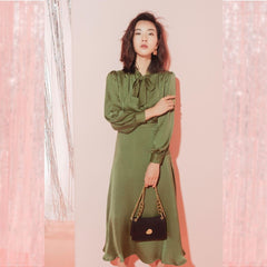 Silk A-Line Dress with Bow Tie Neck and Long Sleeves