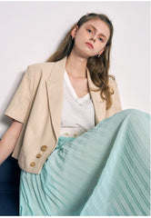 Pleated Chiffon Midi Skirt with Asymmetric Colorblock and Lightweight Sheer Texture