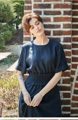 Smocked Waist Linen Midi Dress with Puff Sleeves and Back Zipper