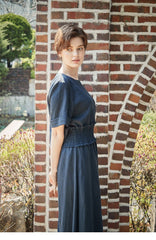 Smocked Waist Linen Midi Dress with Puff Sleeves and Back Zipper