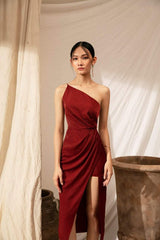 Silk One-Shoulder Midi Dress with Draped Waist and High Slit Detailing