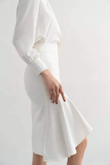 High-Waisted Asymmetrical Flare Midi Skirt in Silk with Soft Draped Hemline