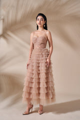 Antoinette Bustier Tiered Ruffle Tulle Midi Dress
