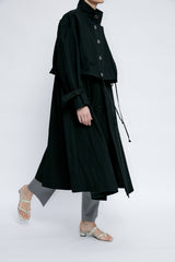 Double-Breasted Long Linen Jacket with Structured Collar and Belted Cuffs