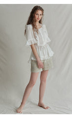 Ruffle Trim Linen Top with Pleated Front and Tie Waist