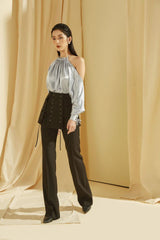 Silk Halter Neck Blouse with Open Shoulder Design and Draped Balloon Sleeves