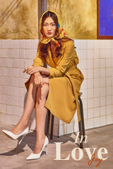 Silk Wrap Midi Dress with Long Sleeves and Gathered Waist