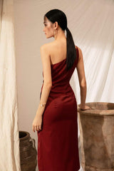 Silk One-Shoulder Midi Dress with Draped Waist and High Slit Detailing