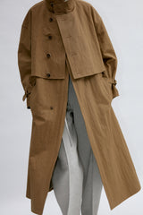 Double-Breasted Long Linen Jacket with Structured Collar and Belted Cuffs