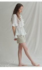 Ruffle Trim Linen Top with Pleated Front and Tie Waist
