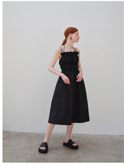 Gathered Linen Midi Dress with Spaghetti Straps and Elastic Waist Detailing