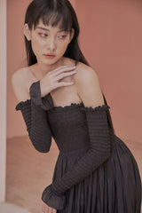 Lynda Off Shoulder Long Sleeve Shirred Maxi Dress