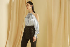 Silk Halter Neck Blouse with Open Shoulder Design and Draped Balloon Sleeves
