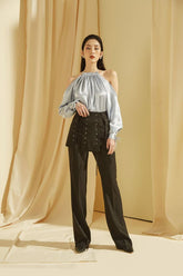 Silk Halter Neck Blouse with Open Shoulder Design and Draped Balloon Sleeves