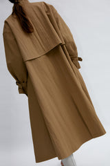 Double-Breasted Long Linen Jacket with Structured Collar and Belted Cuffs