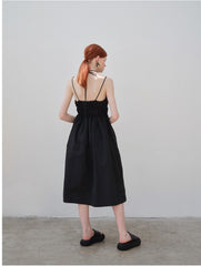 Gathered Linen Midi Dress with Spaghetti Straps and Elastic Waist Detailing