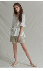 Ruffle Trim Linen Top with Pleated Front and Tie Waist