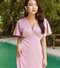 Silk Midi Dress with Flutter Sleeves and V-Neckline