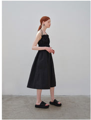 Gathered Linen Midi Dress with Spaghetti Straps and Elastic Waist Detailing