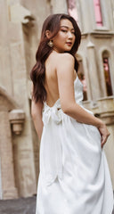 Silk Backless Midi Dress with Bow Tie and Flowy Drape